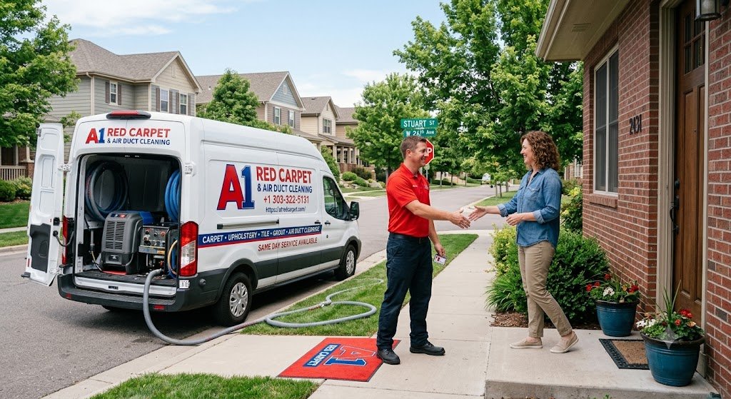 A1 Red Carpet technician greeting a Denver homeowner before a carpet cleaning appointment