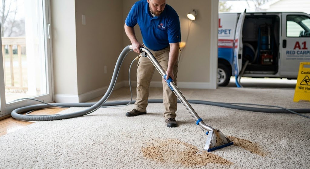 professional carpet cleaning technician using hot water extraction equipment on a stained carpet in a Denver home how long does carpet take to dry